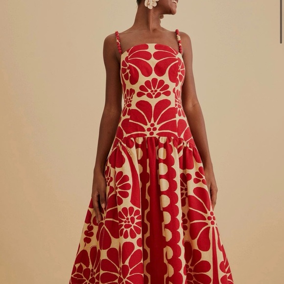 FARM Rio Dresses & Skirts - FARM Rio Red and Cream Floral Maxi Dress with Braided Straps